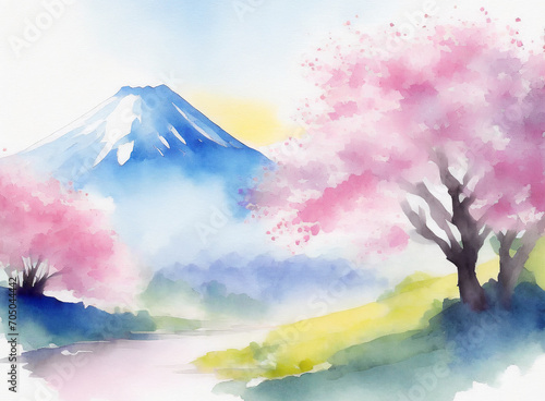 水彩富士山と桜の日本の春の風景 © RURIBYAKU