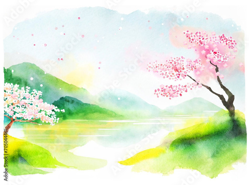 水彩の水辺の桜と日本の春の風景 photo