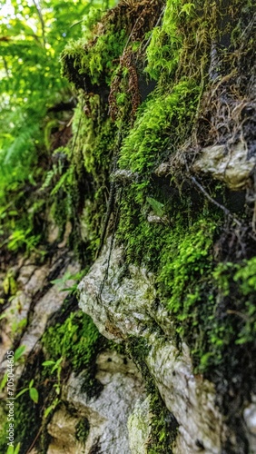 Close-up shot of moss covering a rock in a lush forest