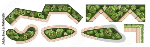 Top view elements for the landscape design plan. Trees and benches for architectural floor plans. Entourage design. Various trees, bushes, and shrubs. Vector illustration.