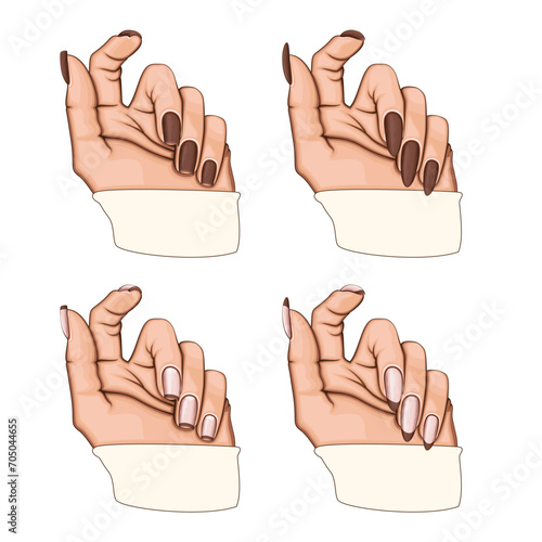 Female Hand with Beautiful Manicure. Manicure collection. Beauty Salon design concept. HAND DRAWN vector art. 