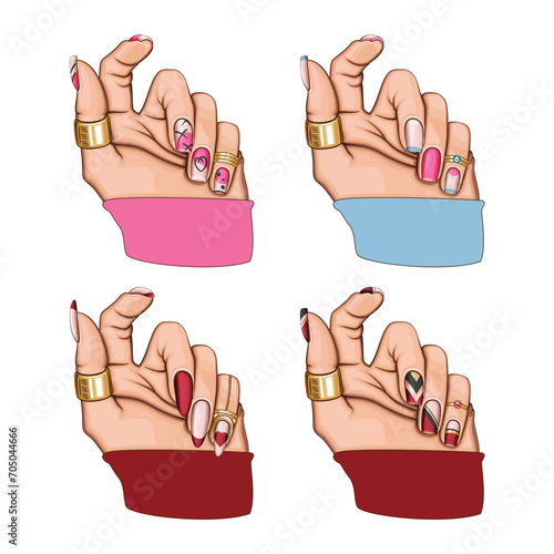 Female Hand with Beautiful Manicure. Manicure collection. Beauty Salon design concept. HAND DRAWN vector art. 