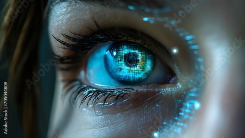 Close-up of female eye with digital hologram. 