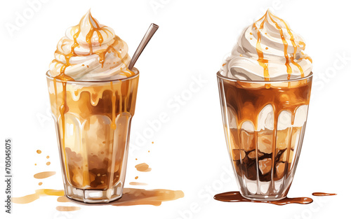 set of tall coffee latte with cream / irish cream watercolor illustration png isolated on a transparent background, beverage clipart 
