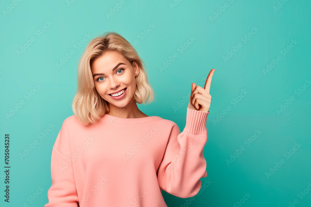 Amazing lady indicating finger on empty discount banner. People, advertisement concept. Amazing lady indicating finger on empty discount banner. People, advertisement concept.