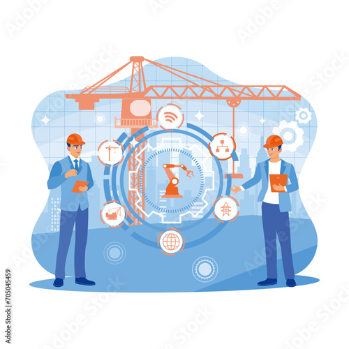 Two business people using digital tablets at a construction site. They made innovations in digital cranes. Concept Technology with Forex Graph Hologram. Trend Modern vector flat illustration