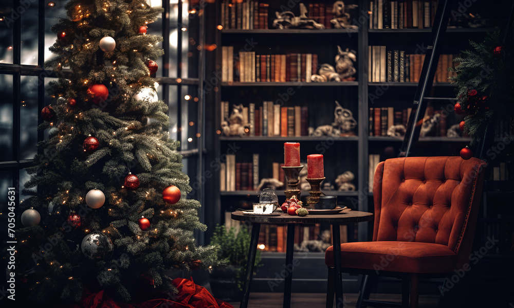 Obraz premium Christmas time. Served coffee table with hot drink and cookies against fir tree