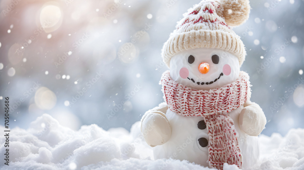 Cute Snowman in Hat and Knitted Scarf - Winter Background Cute Snowman in Hat and Knitted Scarf - Winter Background