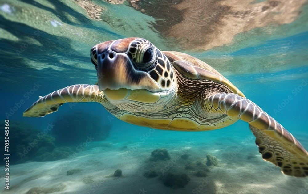 Fototapeta premium Under the sea banner. Marina poster. Portrait of a happy sea turtle swimming underwater. Diving spot concept. AI Generative.