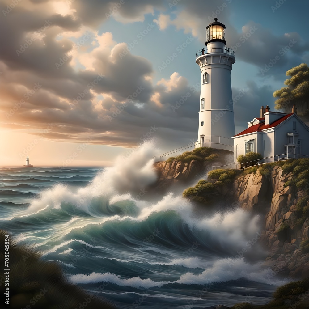 a serene lighthouse stands tall by the tranquil sea, amidst dancing light and shadows, rhythmic waves, and coastal calmness. Set against a soothing sky, it exudes maritime allure, embodying a sense of