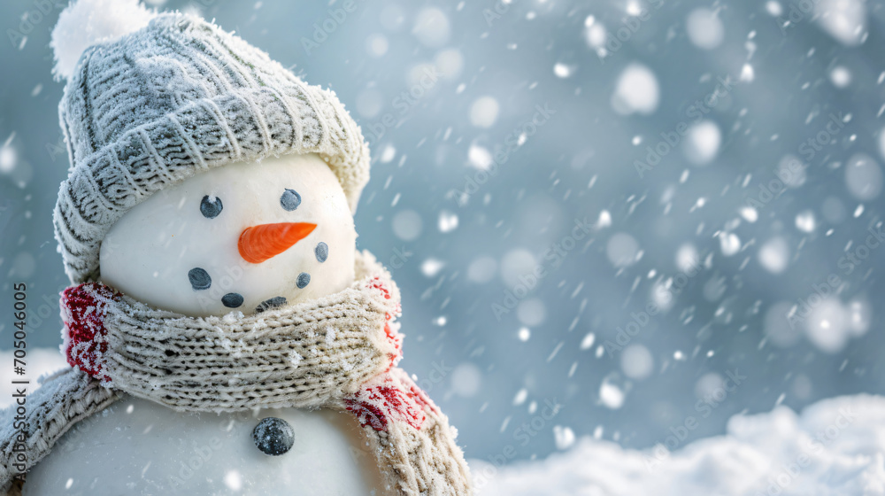 Cute Snowman in Hat and Knitted Scarf - Winter Background Cute Snowman in Hat and Knitted Scarf - Winter Background