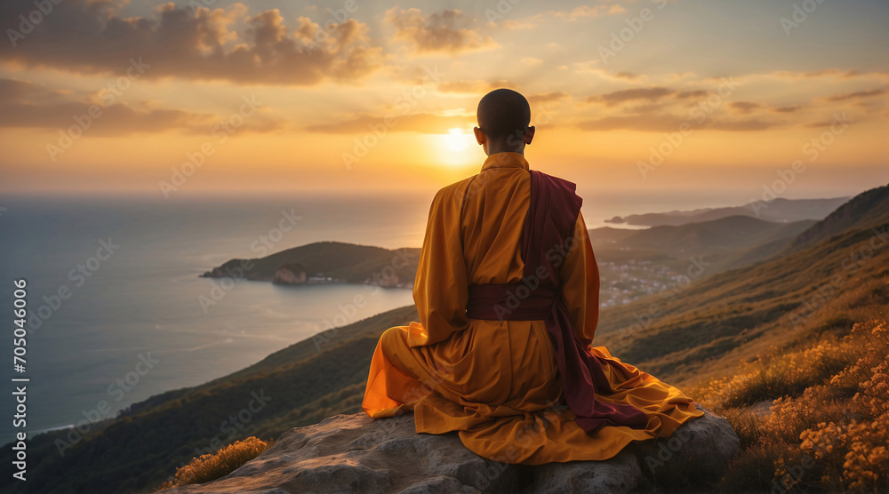 sagoma di un monaco che medita sulla cima di una montagna
