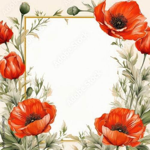 Poppies Floral Frame border for banner, background.,cards, posters, invitations,Template design for greeting and invitation cards, sales, decorations. 