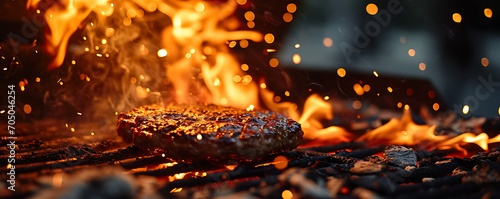 Particles of fire embers against a black background. An empty fired barbecue grill creates the backdrop, featuring abstract dark glittering lights from fire particles.