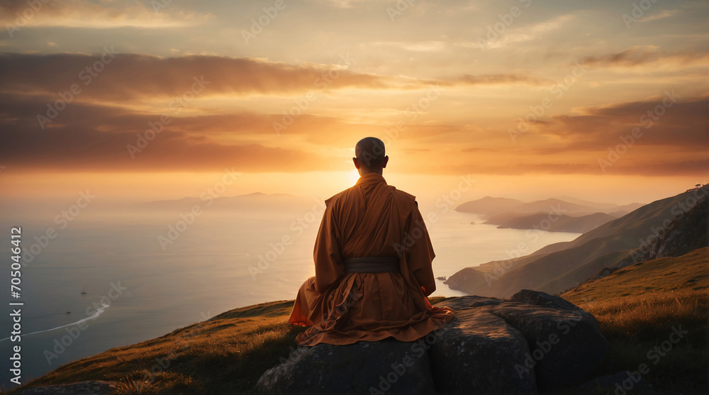 silhouette of a monk Meditating on the top of a mountain