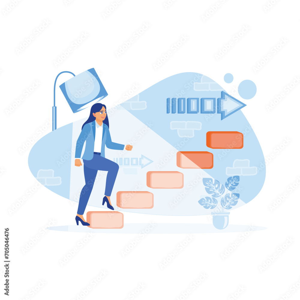A young businesswoman in the spotlight climbing stairs with arrows on the wall. Leadership and career development concept. Career Development Concept. trend flat vector modern illustration