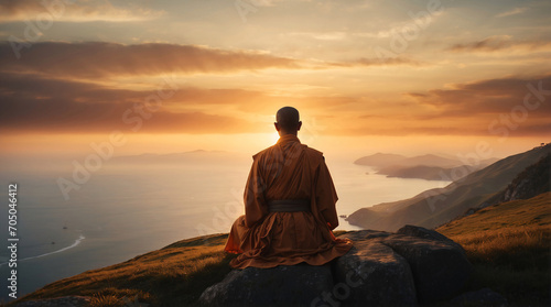 silhouette of a monk Meditating on the top of a mountain