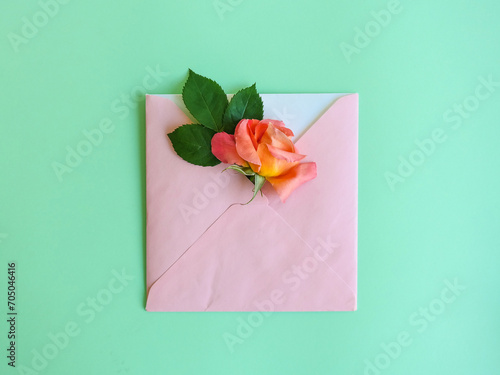 Romantic layout made of pink envelope and gradient pink and orange rose flower against pastel mint green background. Woman's day. Valentine design.