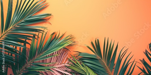 Green and pink palm leaves set against an orange background  creating a vibrant and tropical design perfect for various decorative and artistic projects.