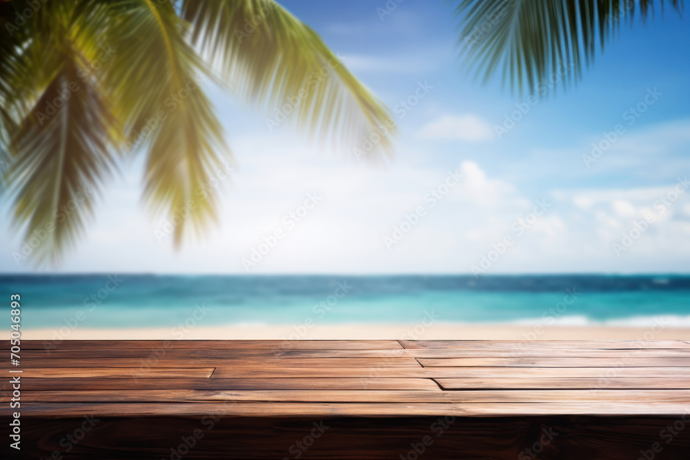 Empty wooden table by the sea, a tropical display of tranquility. Paradise found with a blue sky, palm leaves, and a beautiful ocean view. Is AI Generative.