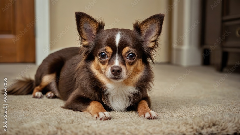 Chocolate long coat chihuahua dog laying on the floor indoor
