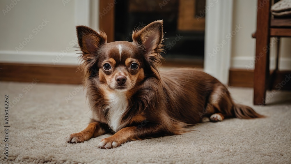 Chocolate long coat chihuahua dog laying on the floor indoor Chocolate long coat chihuahua dog laying on the floor indoor