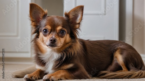 Chocolate long coat chihuahua dog laying on the floor indoor © QuoDesign