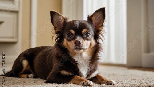 Chocolate long coat chihuahua dog laying on the floor indoor © QuoDesign