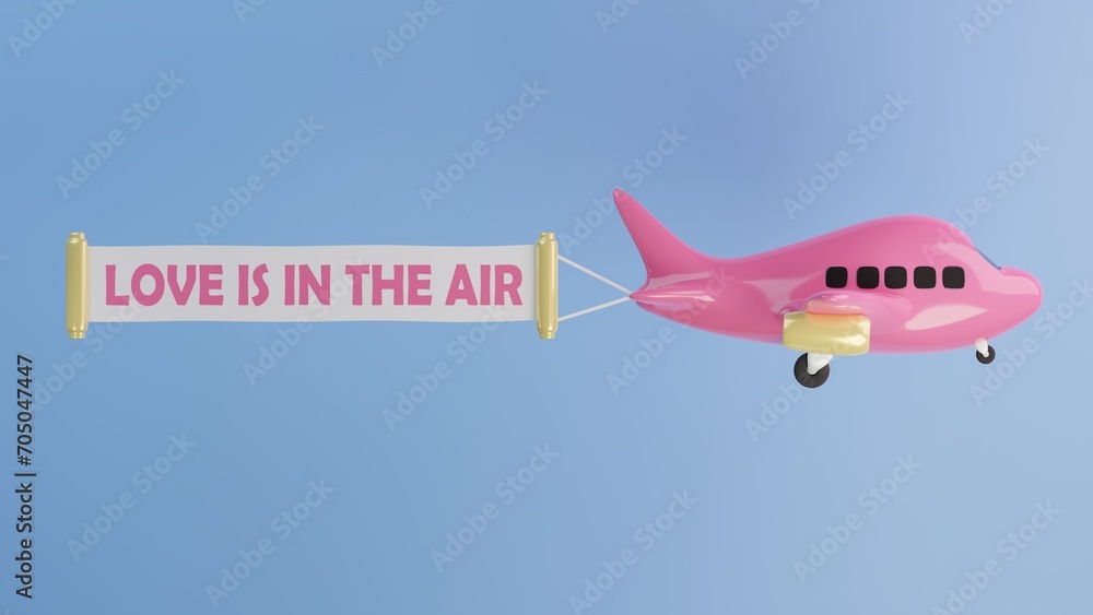 Fototapeta premium 3d illustration of flying pink airplane with LOVE IS IN THE AIR banner against gradient blue background. Minimal concept. 3d illustration highly usable. Summer design. 3d airplane. Flying. Traveling.