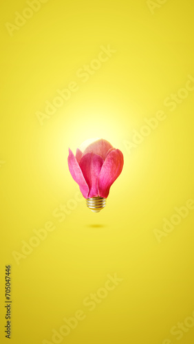 Lighting bulb made of magnolia flowers. Natural minimal concept. Creative spring idea. Flat lay. Levitate in the air.