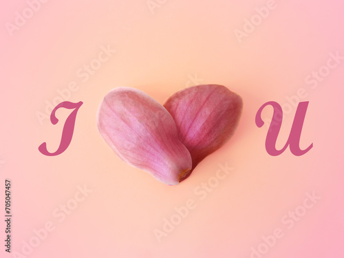 Two magnolia petals in a heart shape with I love YOU letters on gradient pink and yellow background. Natural minimal concept. Creative spring idea. Love design. Flat lay.