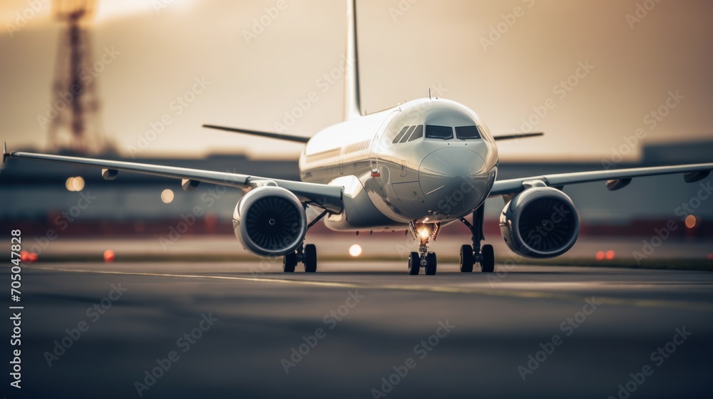 A large airliner taking off from an airport runway at dusk or dawn with the landing gear down and landing gear lowered, as the plane is about to take off. Generative AI