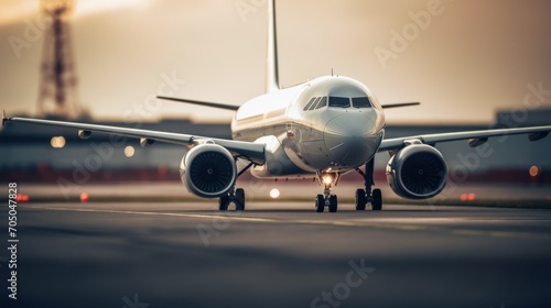A large airliner taking off from an airport runway at dusk or dawn with the landing gear down and landing gear lowered, as the plane is about to take off. Generative AI photo