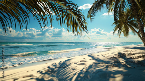 Palms throwing shadows on white sand, and warm waves sound muffled, creating a peaceful atmosphere