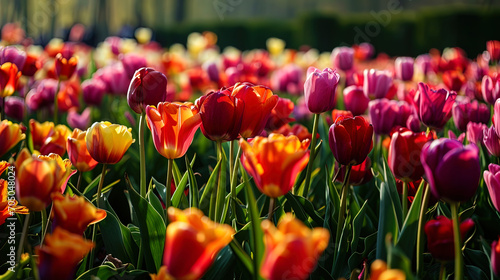 The field of tulips  blooming in various shades  like a variegated bedspread