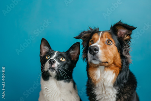 Cat and Dog Sitting Together Looking Up - Pets on Blue Background