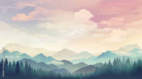 A painting of a serene misty japanese mountain