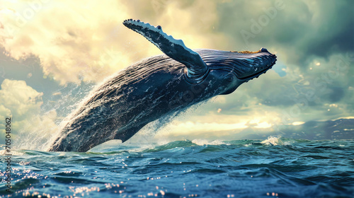 The image of a whale taking off over the water surface conveys the impression of his grace and inc photo