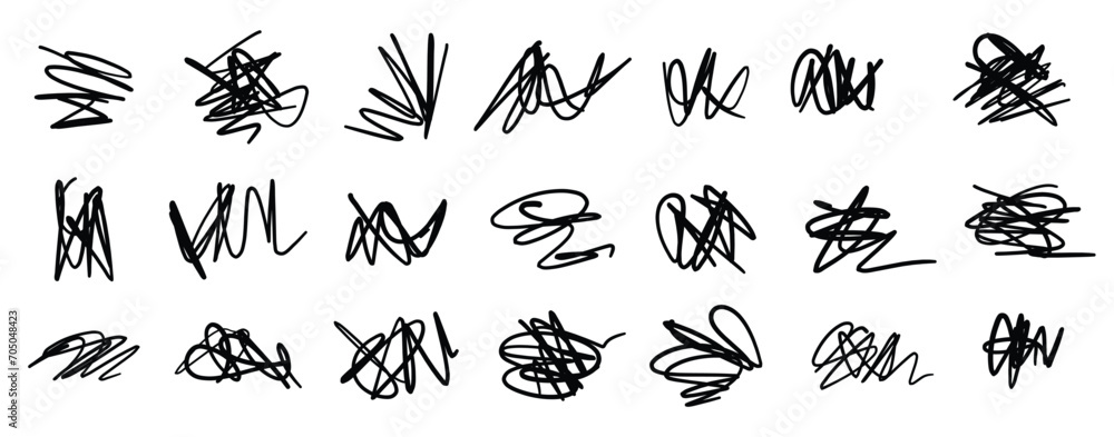 Abstract set of scribble doodles. Scribble brush strokes vector set. Hand drawn marker scribbles. Black pencil sketches. Hand drawn lines, squiggles, daubs isolated on white background. - obrazy, fototapety, plakaty 