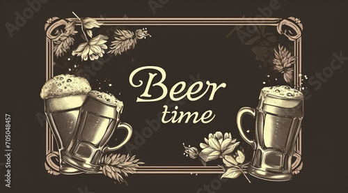 Chalkboard-style illustration with 'Beer time' lettering and overflowing beer mugs. photo