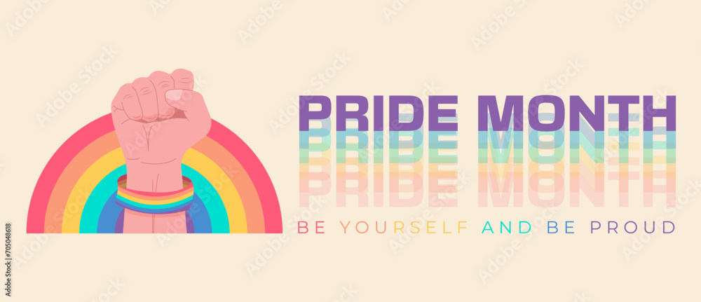 Fototapeta premium Fist up celebrating LGBTQ pride month. Pride month banner celebration against violence, discrimination, human rights violation. Equality and self-affirmation.Vector illustration