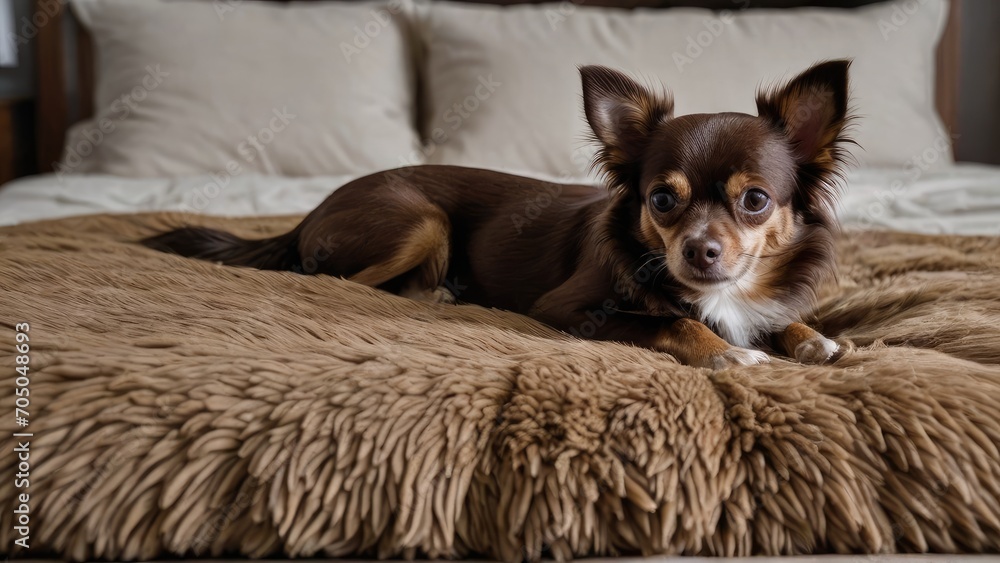 Chocolate long coat chihuahua dog lying on bed in the bedroom Chocolate long coat chihuahua dog lying on bed in the bedroom