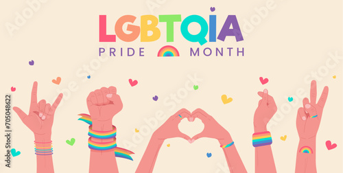 People hold hands up celebrating LGBTQ pride month. Pride month banner celebration against violence, discrimination, human rights violation. Equality and self-affirmation.Vector illustration