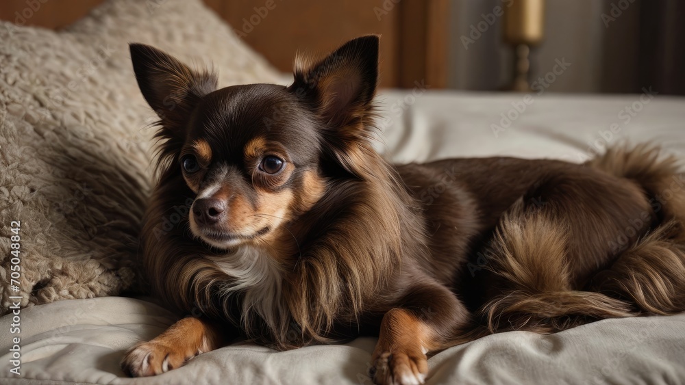 Chocolate long coat chihuahua dog lying on bed in the bedroom Chocolate long coat chihuahua dog lying on bed in the bedroom