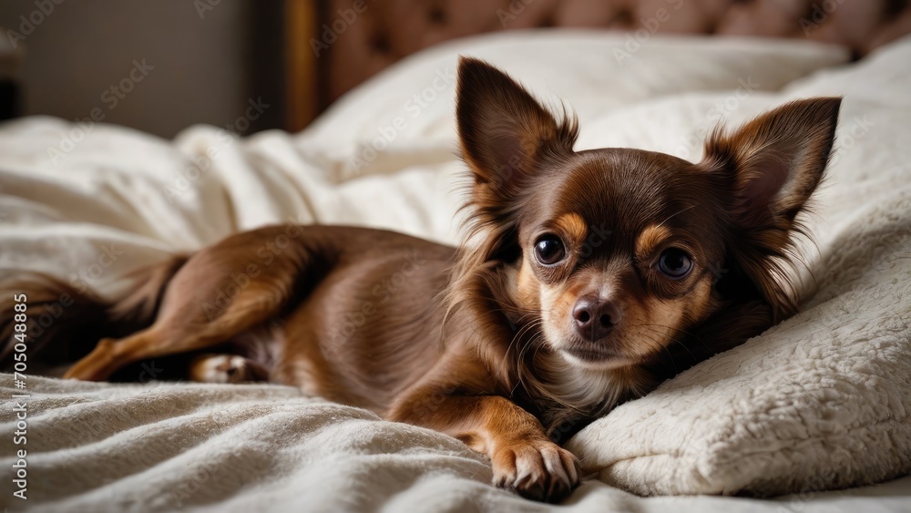 Chocolate long coat chihuahua dog lying on bed in the bedroom