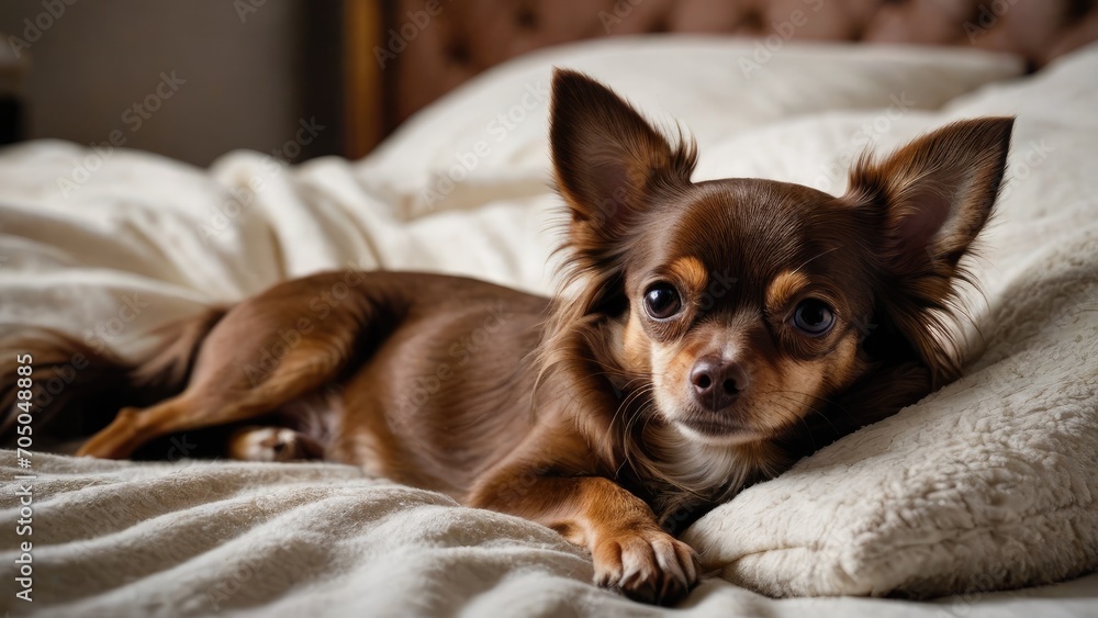 Chocolate long coat chihuahua dog lying on bed in the bedroom Chocolate long coat chihuahua dog lying on bed in the bedroom