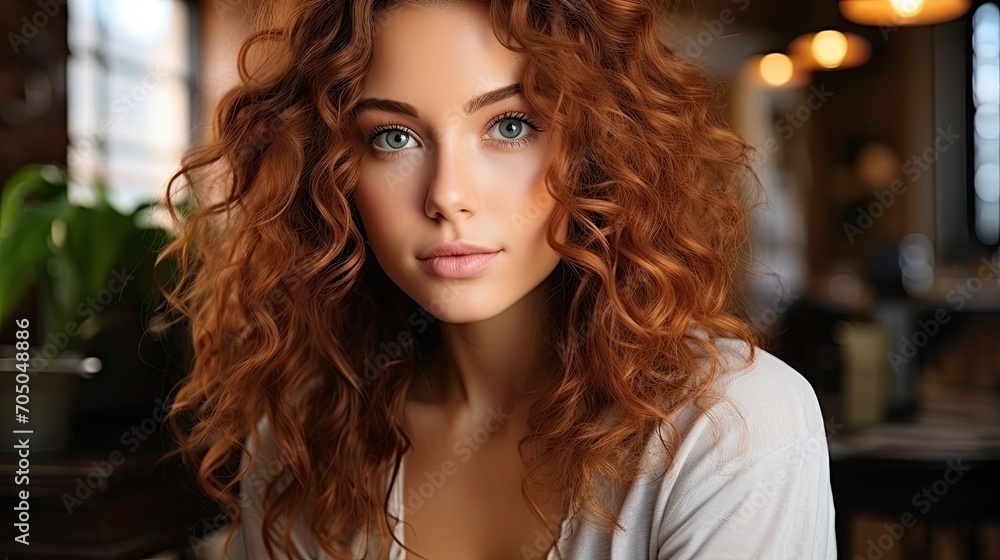 A beautiful young model showcasing her perfectly styled curly hair. Her stunning features and confident expression make for an eye-catching portrait