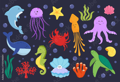 Set of cute sea animals and fish. Marine underwater life. Fish and wild marine animals isolated on dark background. Cute whale, squid, octopus,turtle, jellyfish, crab and seahorse.Vector © MonkeyS