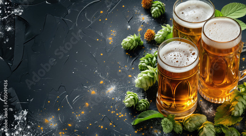 Obraz na plátně Festive beer time poster with an empty text area and full, frothy glasses and decorative frame on a textured backdrop