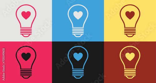 light bulb and heart icon set, color line Light bulb and heart icon isolated on color background, vector illustration